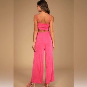 Lulus timely trends hot pink asymmetrical cutout wide-leg jumpsuit